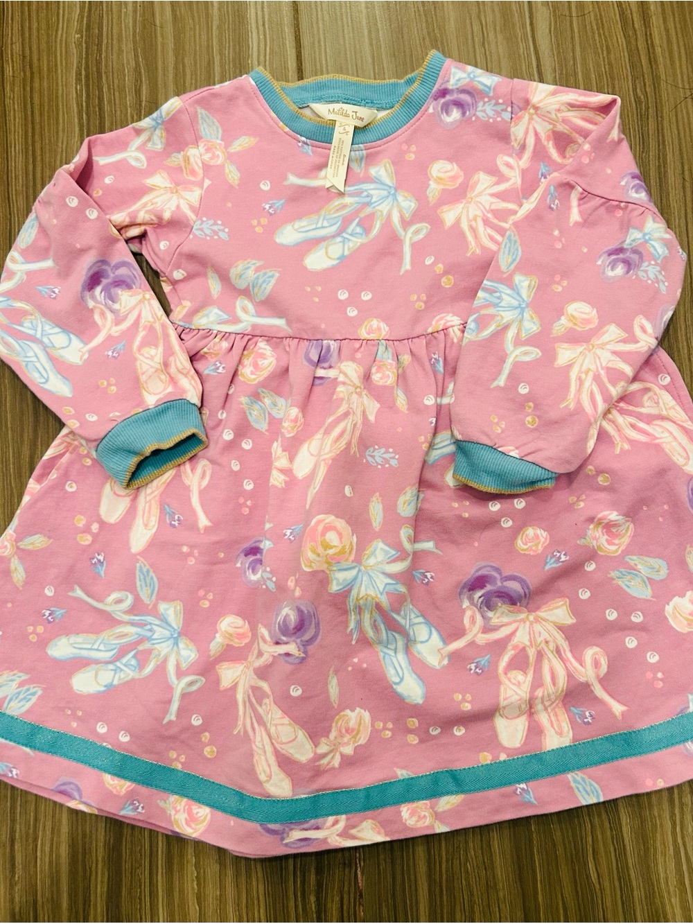 Matilda Jane Pink Ballet Print Long Sleeve Dress with Teal Trim
